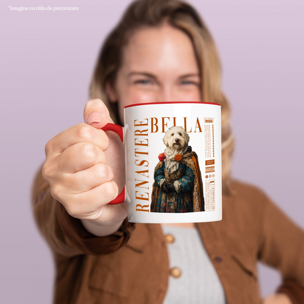 Cana cu Animal in Vesmant Regal Renascentist, Peronalizata cu Numele si Poza Animalului Tau cu Maner Rosu [4]