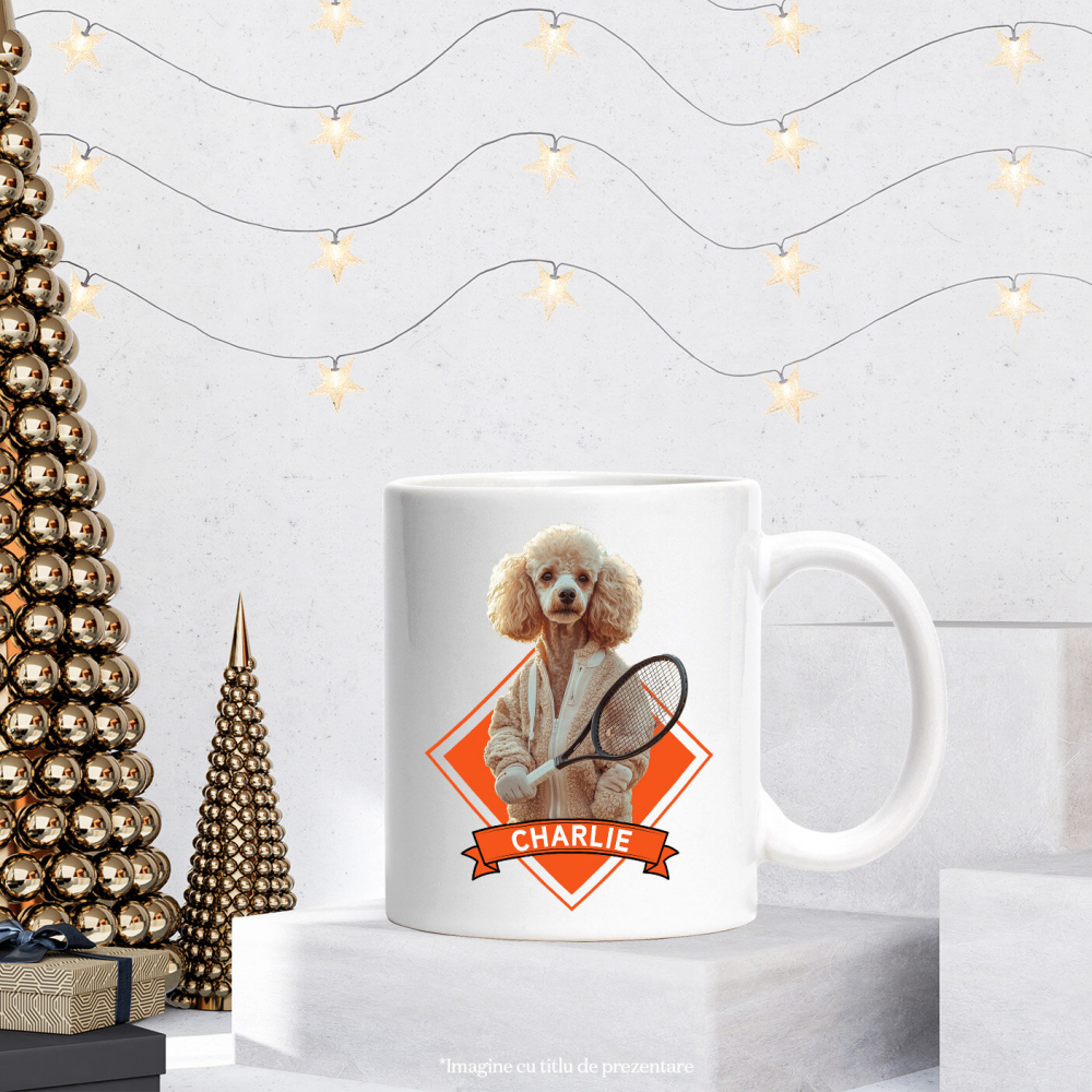 Cana cu Animal Jucator de Tenis, Peronalizata cu Numele si Poza Animalului Tau cu Maner Alb [6]