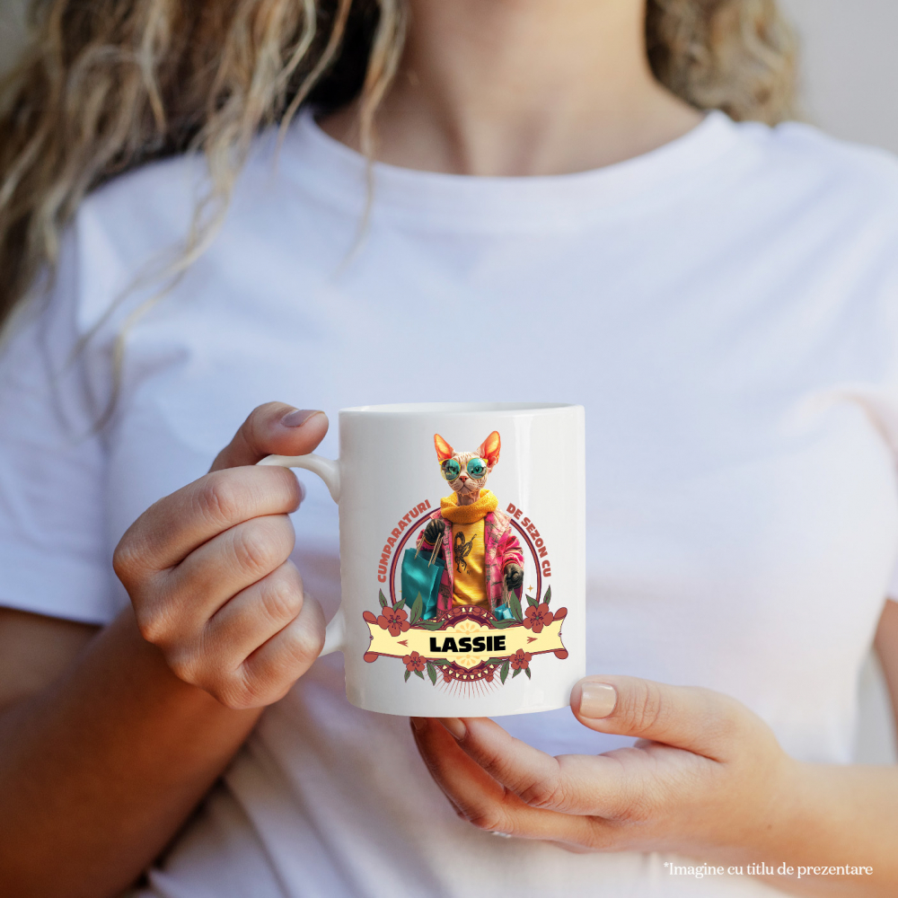 Cana cu Animal La Cumparaturi, Moda, Fashion, Peronalizata cu Numele si Poza Animalului Tau cu Maner Alb [4]