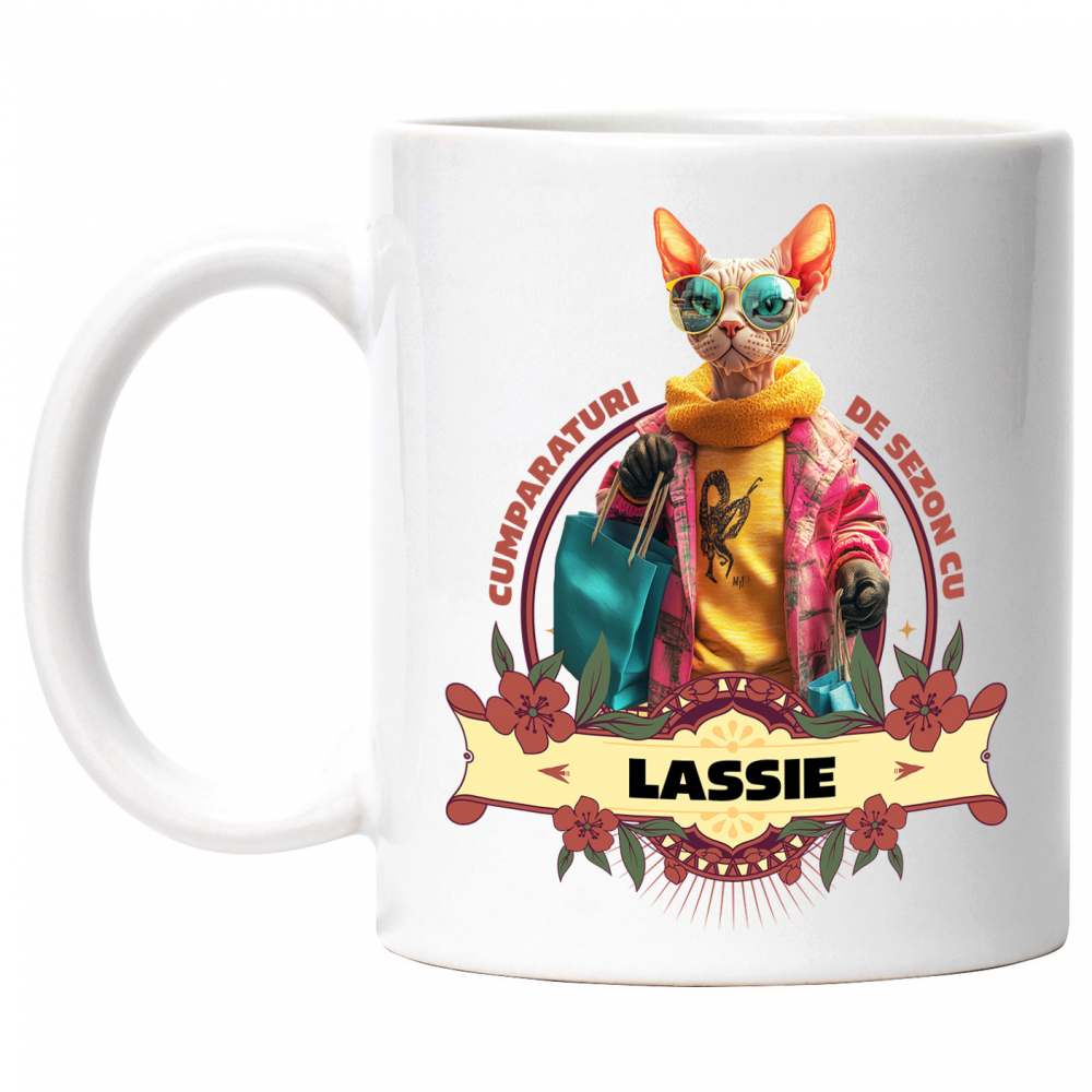 Cana cu Animal La Cumparaturi, Moda, Fashion, Peronalizata cu Numele si Poza Animalului Tau cu Maner Alb [1]