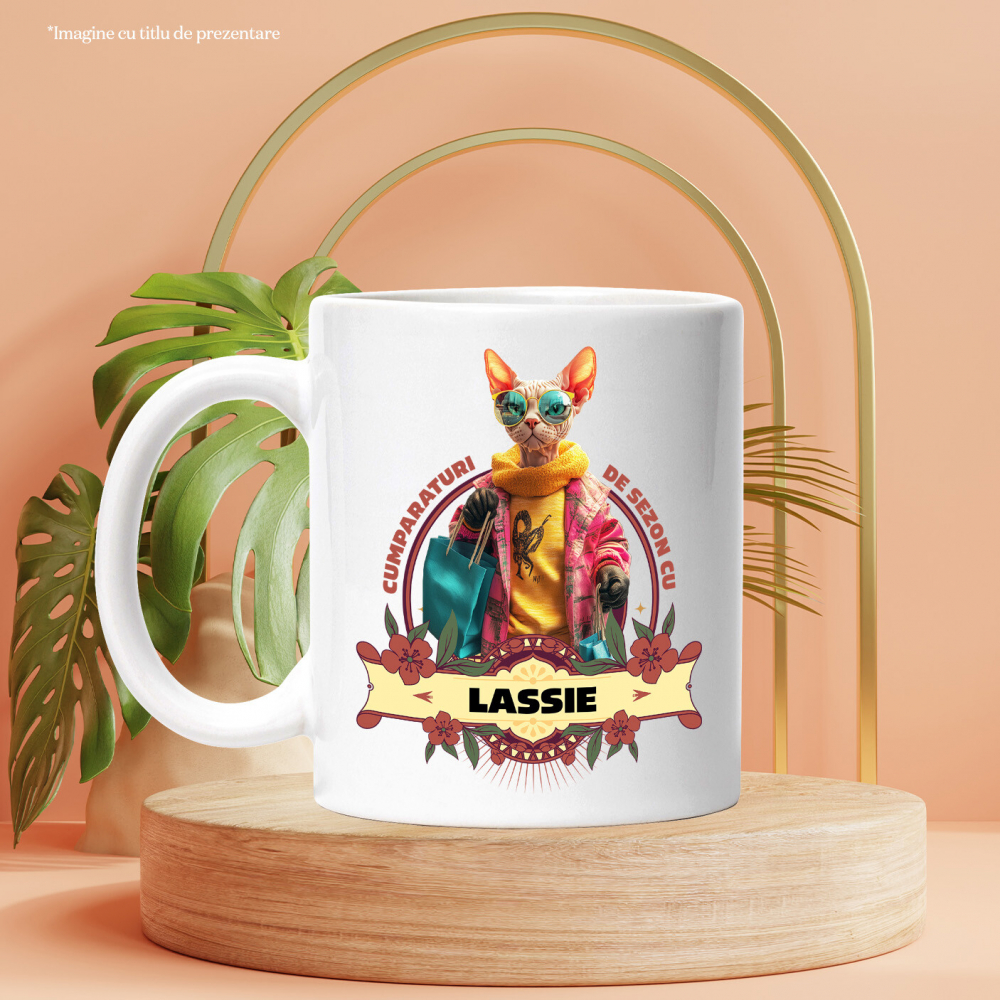 Cana cu Animal La Cumparaturi, Moda, Fashion, Peronalizata cu Numele si Poza Animalului Tau cu Maner Alb [6]