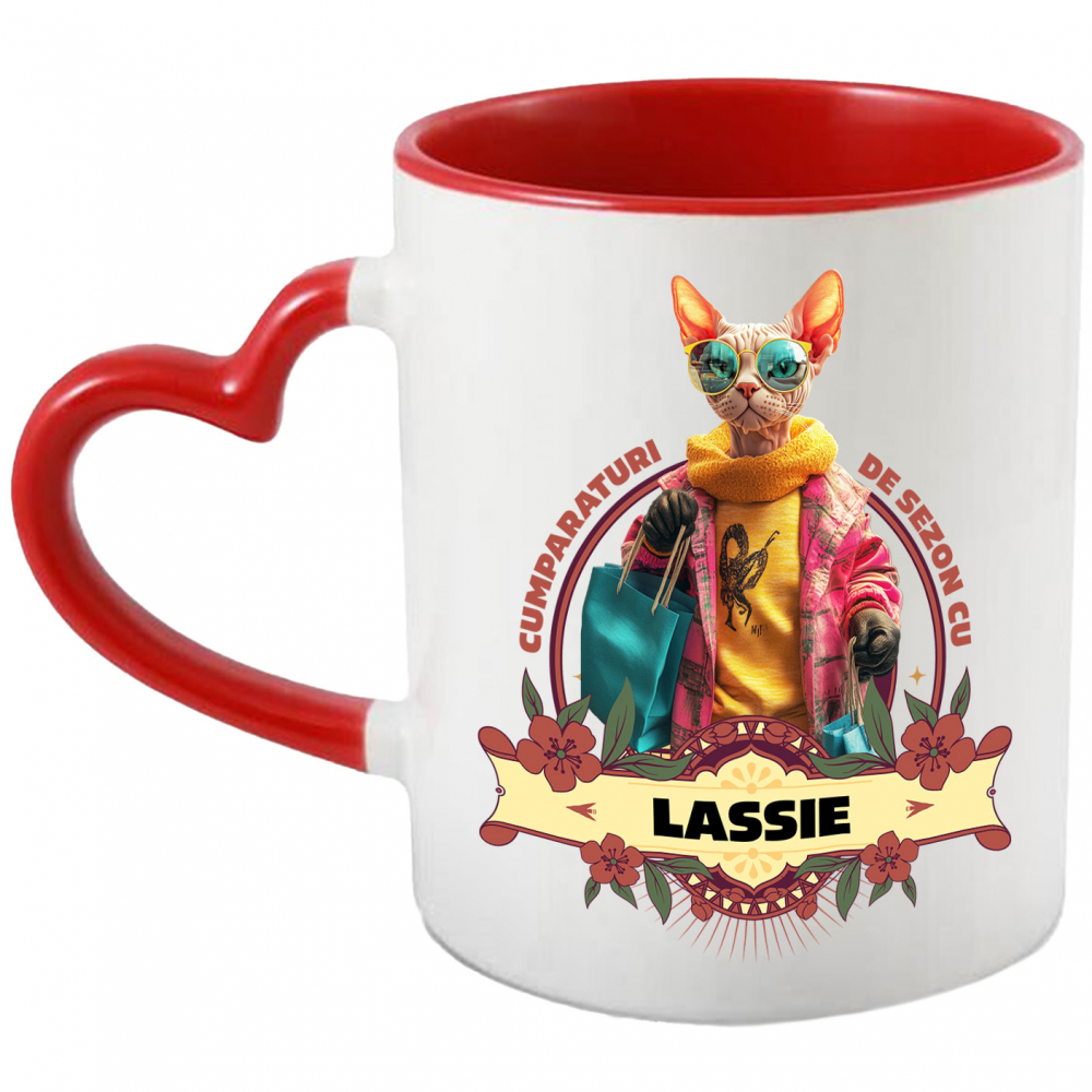 Cana cu Animal La Cumparaturi, Moda, Fashion, Peronalizata cu Numele si Poza Animalului Tau cu Maner Inima Rosie [1]