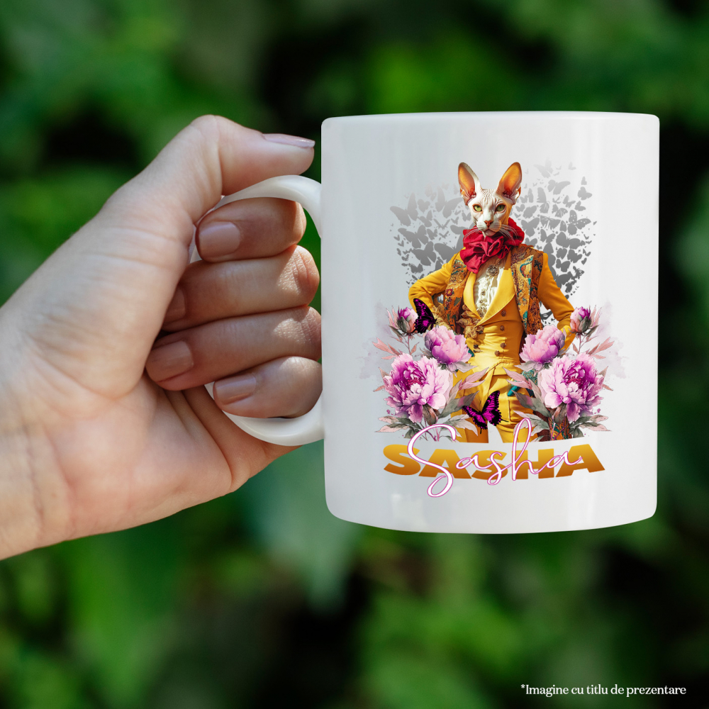 Cana cu Animal La Moda in Costum Galben, Inconjurat de Flori, Peronalizata cu Numele si Poza Animalului Tau cu Maner Alb [4]