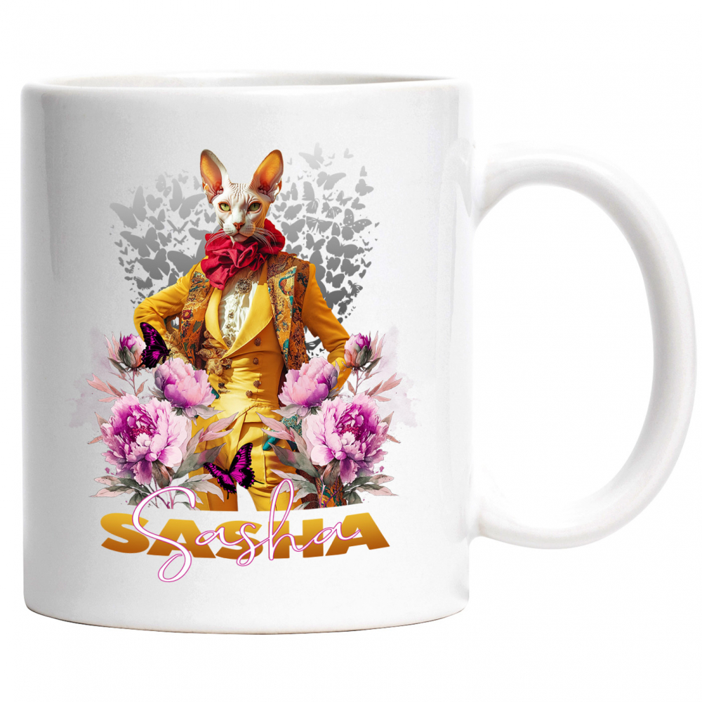 Cana cu Animal La Moda in Costum Galben, Inconjurat de Flori, Peronalizata cu Numele si Poza Animalului Tau cu Maner Alb [1]