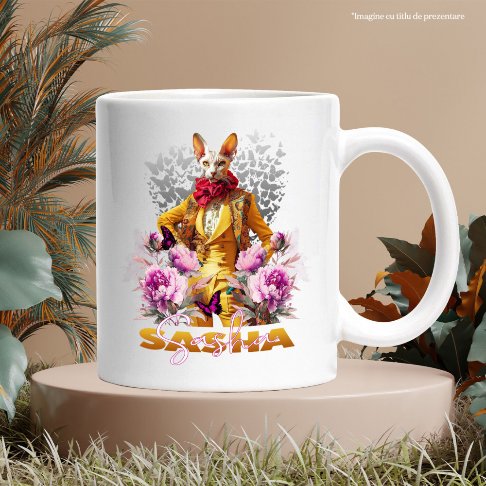 Cana cu Animal La Moda in Costum Galben, Inconjurat de Flori, Peronalizata cu Numele si Poza Animalului Tau cu Maner Alb [6]