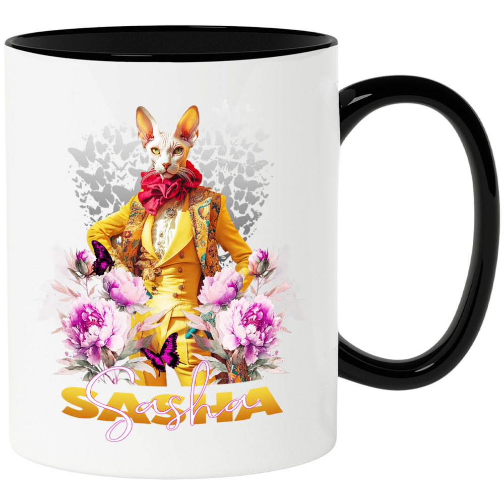 Cana cu Animal La Moda in Costum Galben, Inconjurat de Flori, Peronalizata cu Numele si Poza Animalului Tau cu Maner Negru [1]