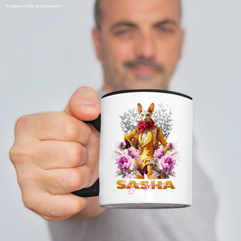 Cana cu Animal La Moda in Costum Galben, Inconjurat de Flori, Peronalizata cu Numele si Poza Animalului Tau cu Maner Negru [4]