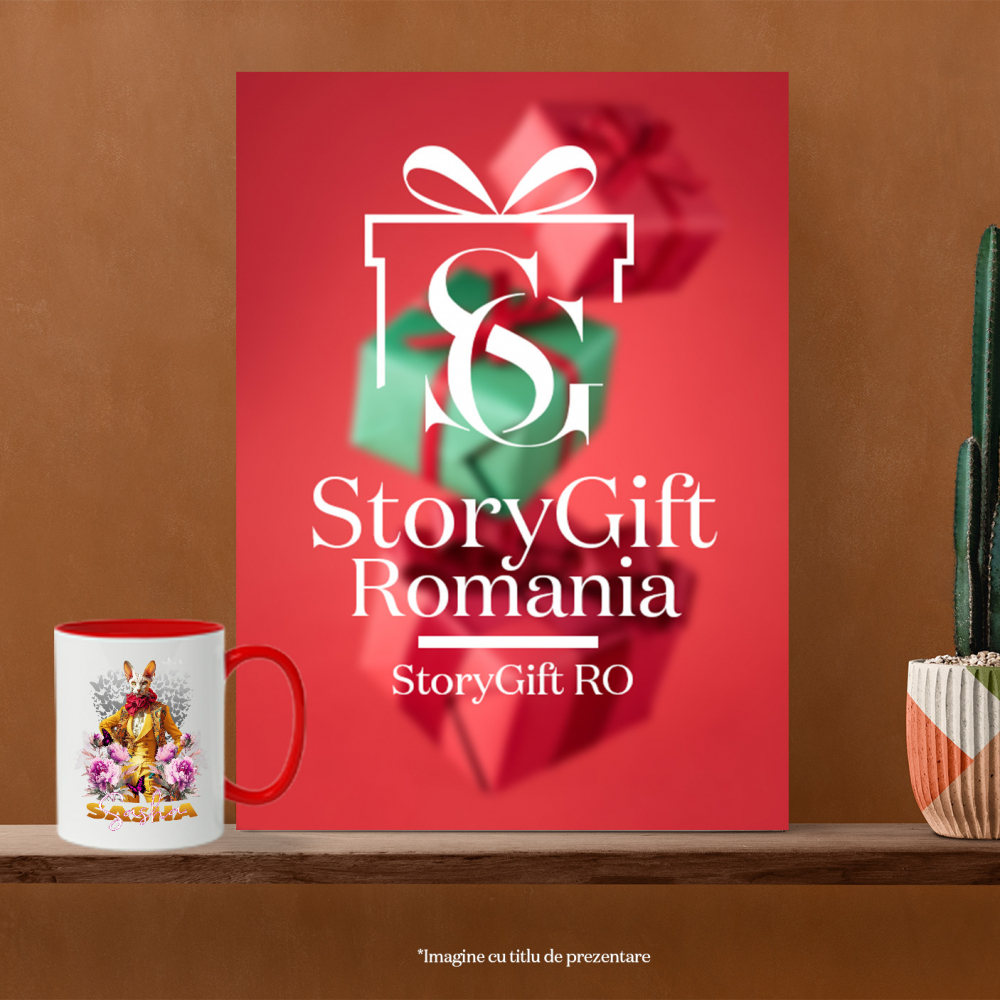 Cana cu Animal La Moda in Costum Galben, Inconjurat de Flori, Peronalizata cu Numele si Poza Animalului Tau cu Maner Rosu [8]