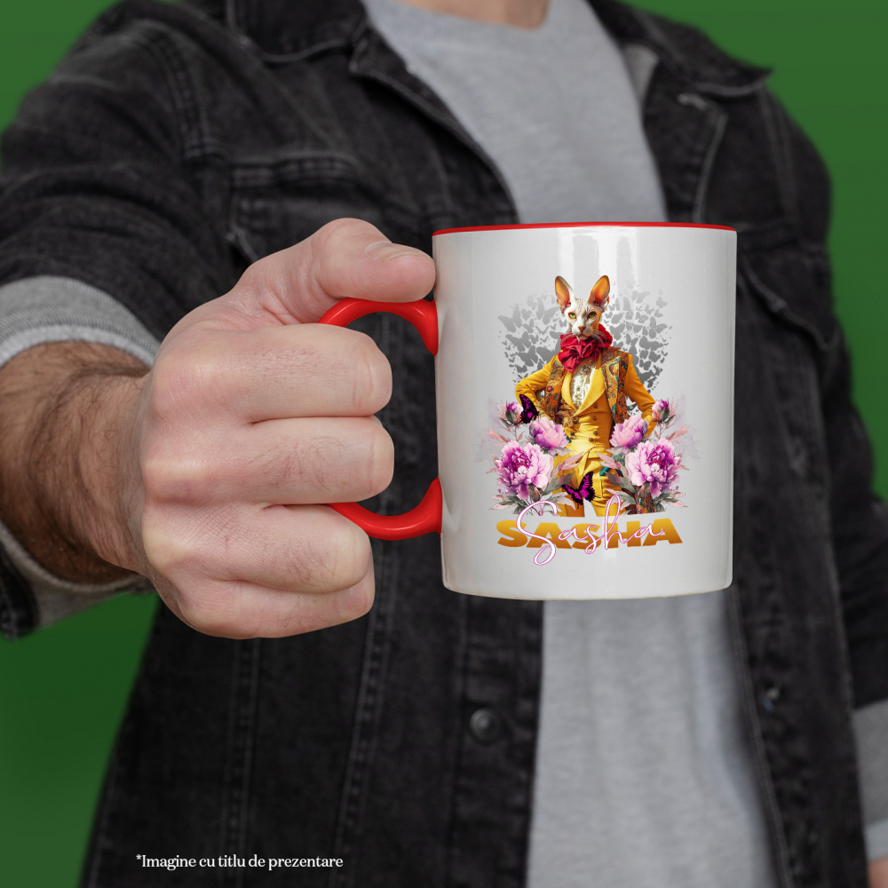 Cana cu Animal La Moda in Costum Galben, Inconjurat de Flori, Peronalizata cu Numele si Poza Animalului Tau cu Maner Rosu [4]