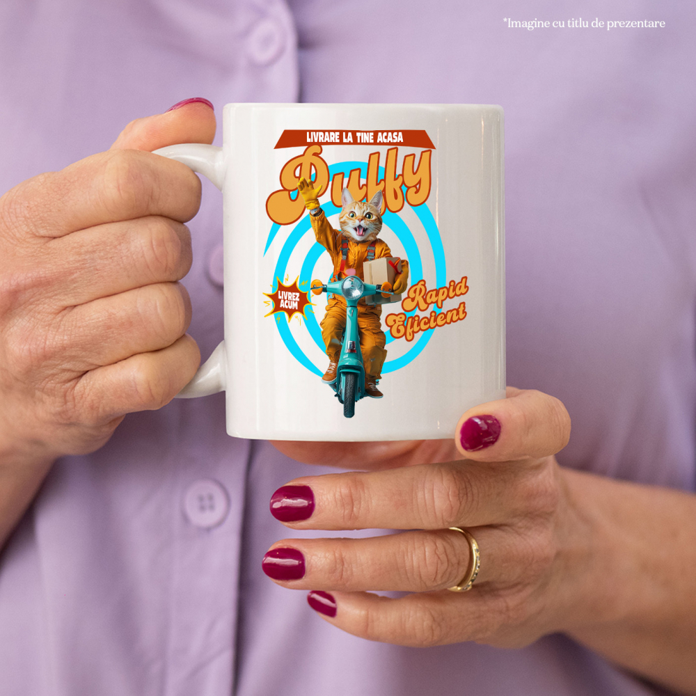 Cana cu Animal Livrator de Colete pe Scooter, Peronalizata cu Numele si Poza Animalului Tau cu Maner Alb [4]