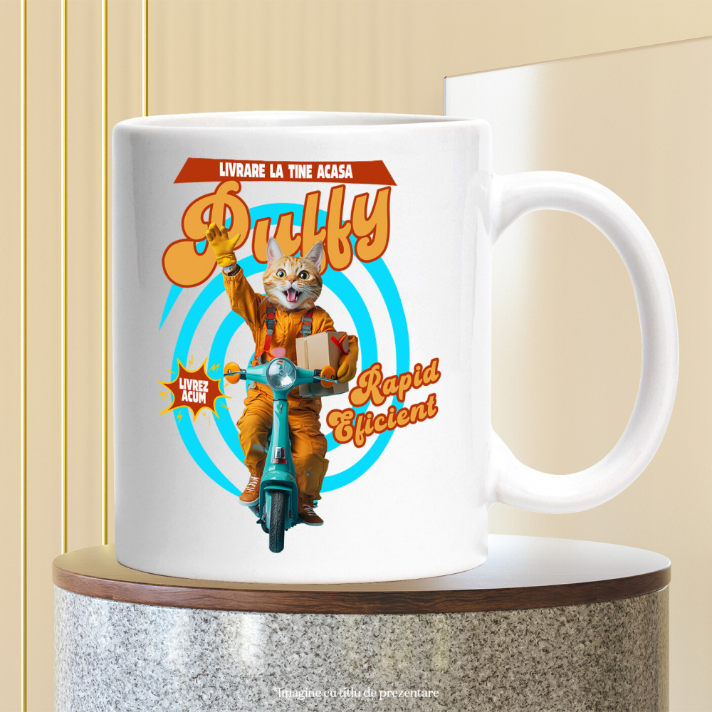 Cana cu Animal Livrator de Colete pe Scooter, Peronalizata cu Numele si Poza Animalului Tau cu Maner Alb [6]