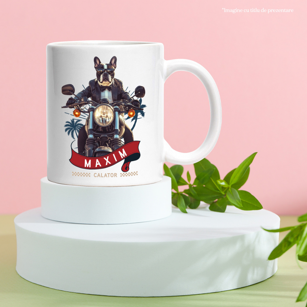 Cana cu Animal Pe Motocicleta in Costum, Peronalizata cu Numele si Poza Animalului Tau cu Maner Alb [6]