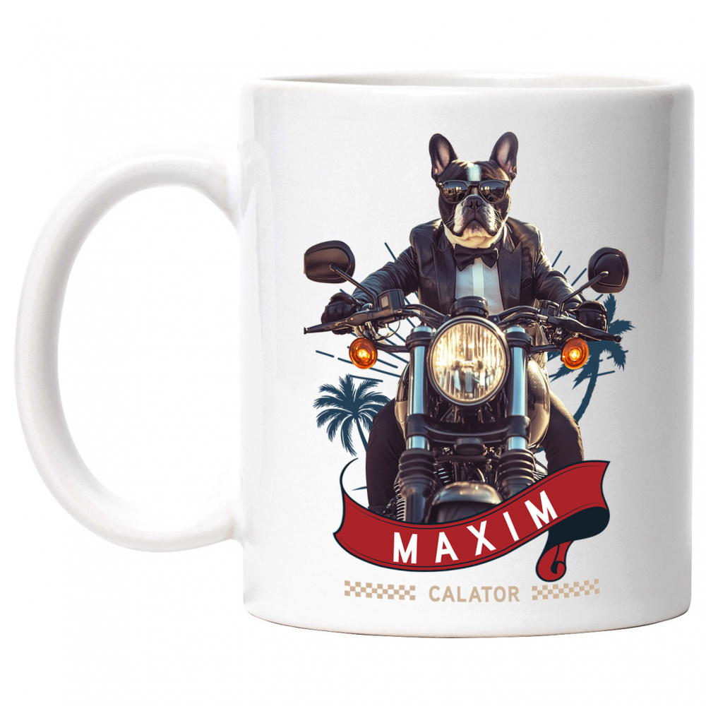 Cana cu Animal Pe Motocicleta in Costum, Peronalizata cu Numele si Poza Animalului Tau cu Maner Alb [1]