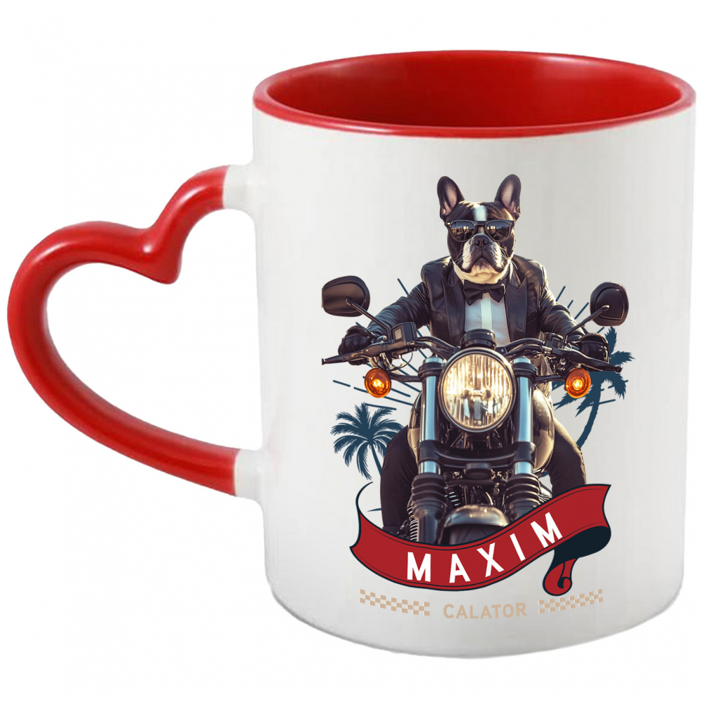Cana cu Animal Pe Motocicleta in Costum, Peronalizata cu Numele si Poza Animalului Tau cu Maner Inima Rosie [1]