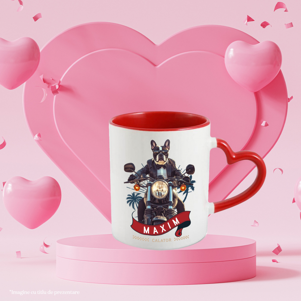 Cana cu Animal Pe Motocicleta in Costum, Peronalizata cu Numele si Poza Animalului Tau cu Maner Inima Rosie [4]