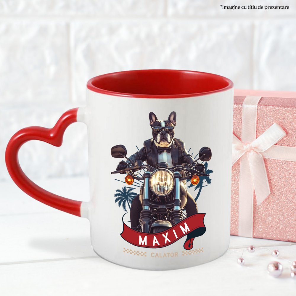 Cana cu Animal Pe Motocicleta in Costum, Peronalizata cu Numele si Poza Animalului Tau cu Maner Inima Rosie [6]