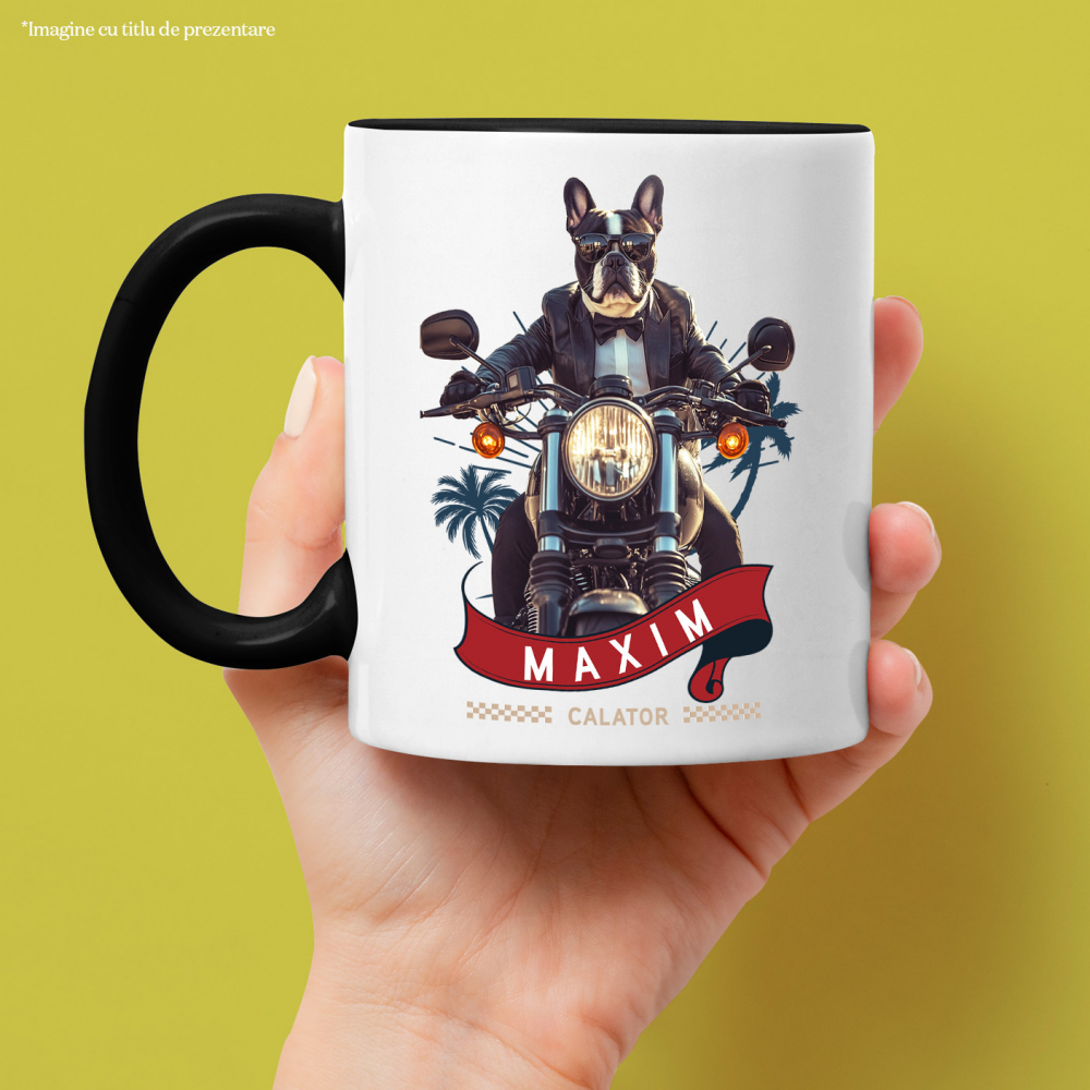 Cana cu Animal Pe Motocicleta in Costum, Peronalizata cu Numele si Poza Animalului Tau cu Maner Negru [4]