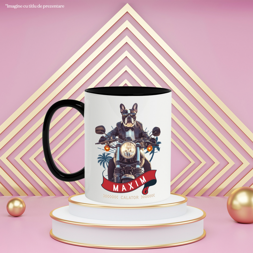 Cana cu Animal Pe Motocicleta in Costum, Peronalizata cu Numele si Poza Animalului Tau cu Maner Negru [6]