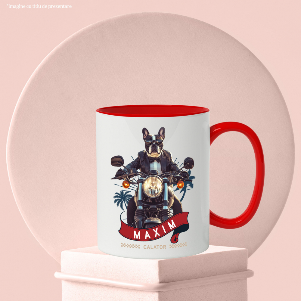 Cana cu Animal Pe Motocicleta in Costum, Peronalizata cu Numele si Poza Animalului Tau cu Maner Rosu [6]