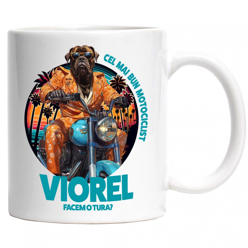 Cana cu Animal Pe Motocicleta, La Apus cu Palmieri, Peronalizata cu Numele si Poza Animalului Tau cu Maner Alb [1]