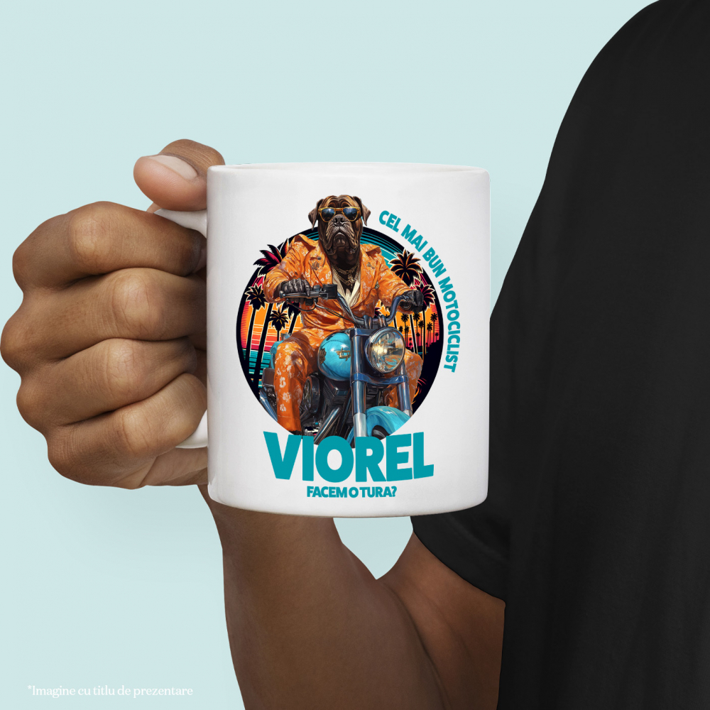 Cana cu Animal Pe Motocicleta, La Apus cu Palmieri, Peronalizata cu Numele si Poza Animalului Tau cu Maner Alb [4]