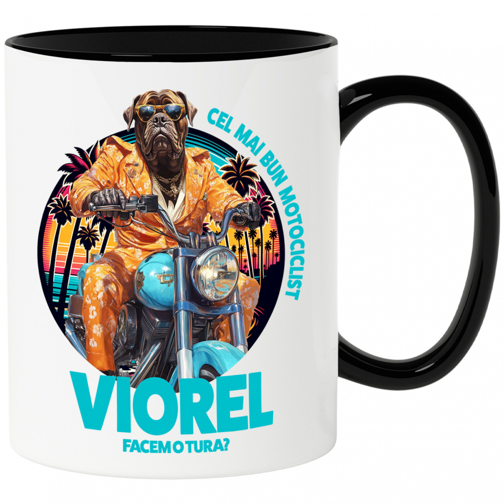 Cana cu Animal Pe Motocicleta, La Apus cu Palmieri, Peronalizata cu Numele si Poza Animalului Tau cu Maner Negru [1]