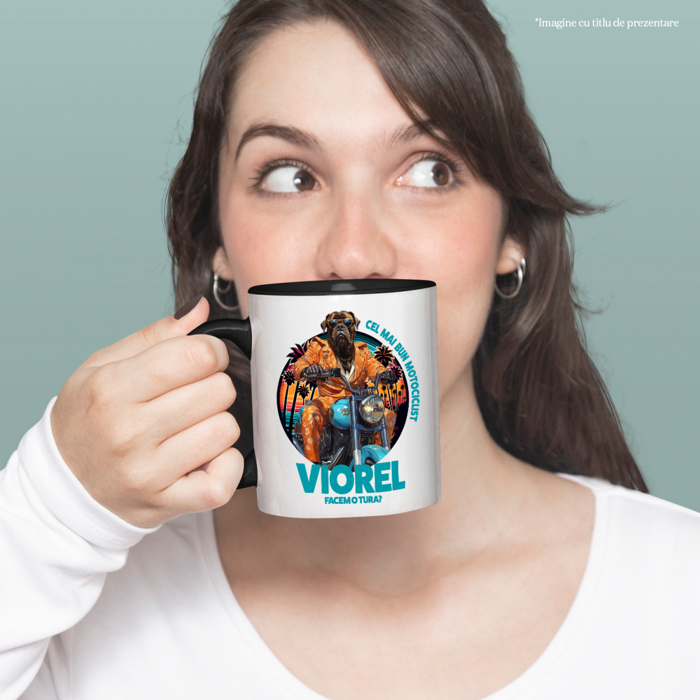 Cana cu Animal Pe Motocicleta, La Apus cu Palmieri, Peronalizata cu Numele si Poza Animalului Tau cu Maner Negru [4]