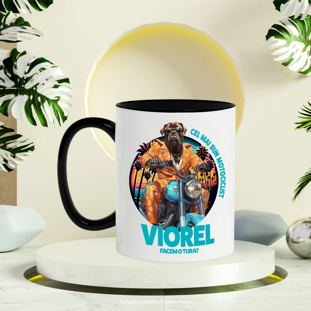 Cana cu Animal Pe Motocicleta, La Apus cu Palmieri, Peronalizata cu Numele si Poza Animalului Tau cu Maner Negru [6]