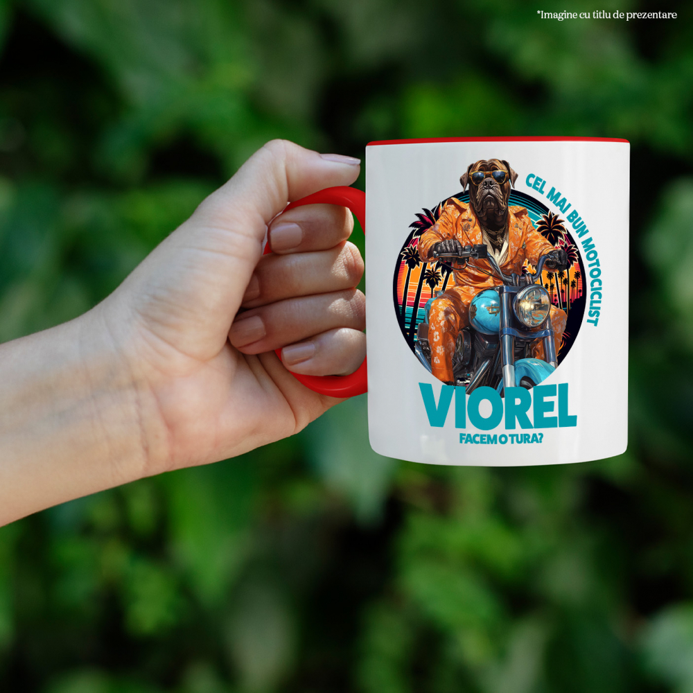 Cana cu Animal Pe Motocicleta, La Apus cu Palmieri, Peronalizata cu Numele si Poza Animalului Tau cu Maner Rosu [4]