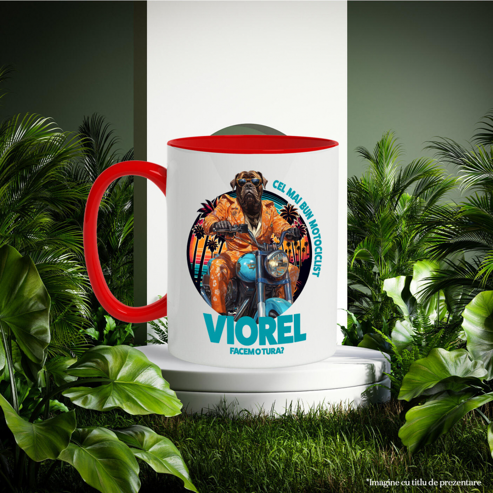 Cana cu Animal Pe Motocicleta, La Apus cu Palmieri, Peronalizata cu Numele si Poza Animalului Tau cu Maner Rosu [6]