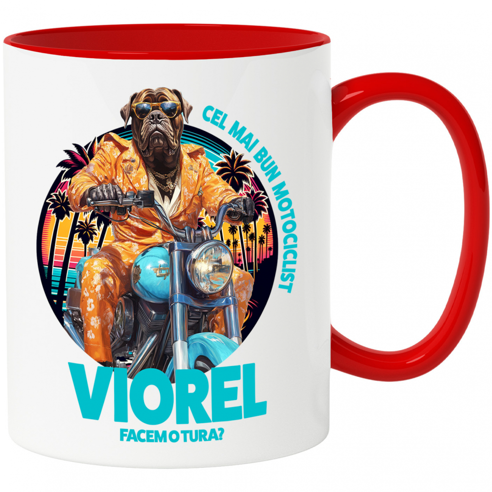 Cana cu Animal Pe Motocicleta, La Apus cu Palmieri, Peronalizata cu Numele si Poza Animalului Tau cu Maner Rosu [1]