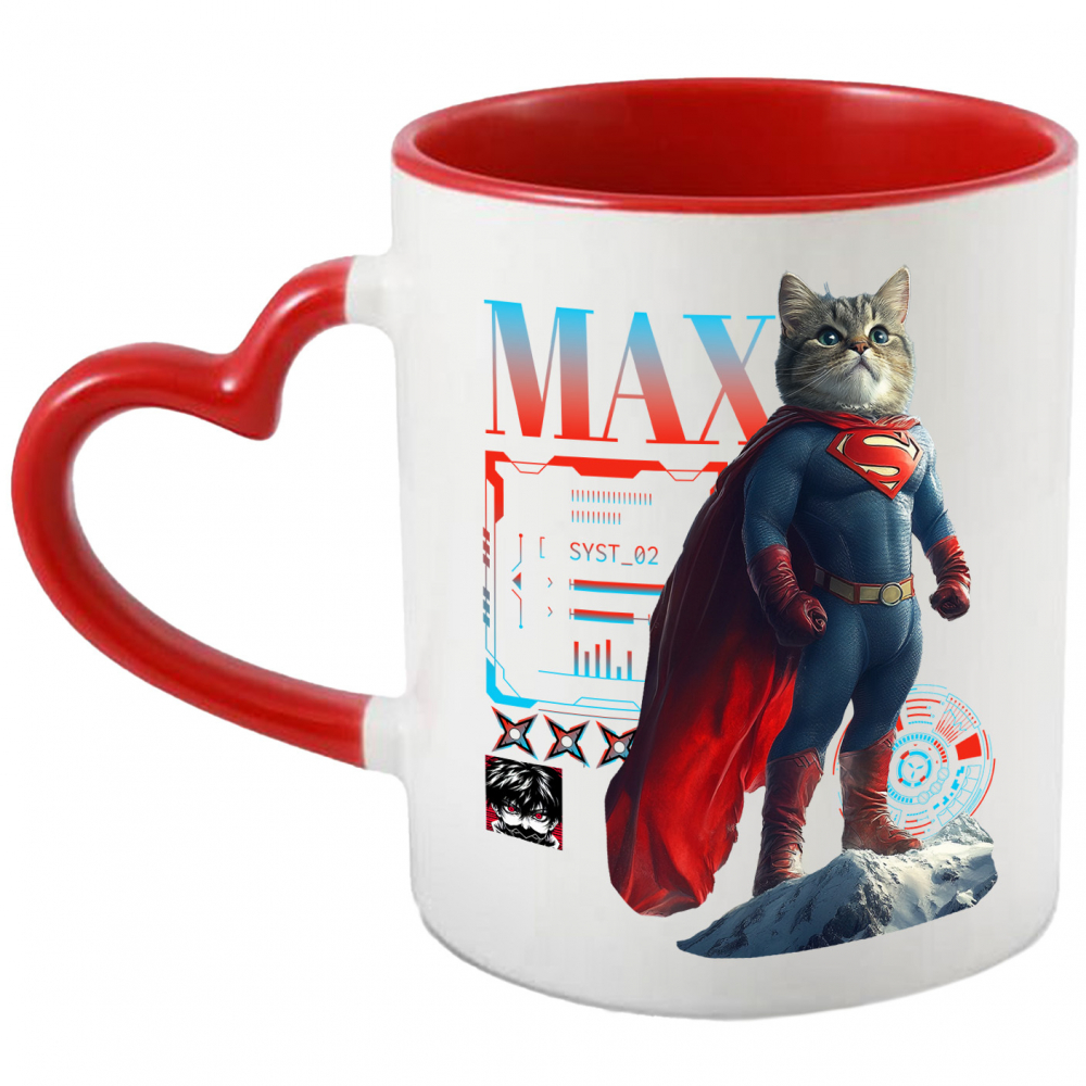 Cana cu Animal SuperMan in Varful Muntelui, Power Pose, Peronalizata cu Numele si Poza Animalului Tau cu Maner Inima Rosie [1]