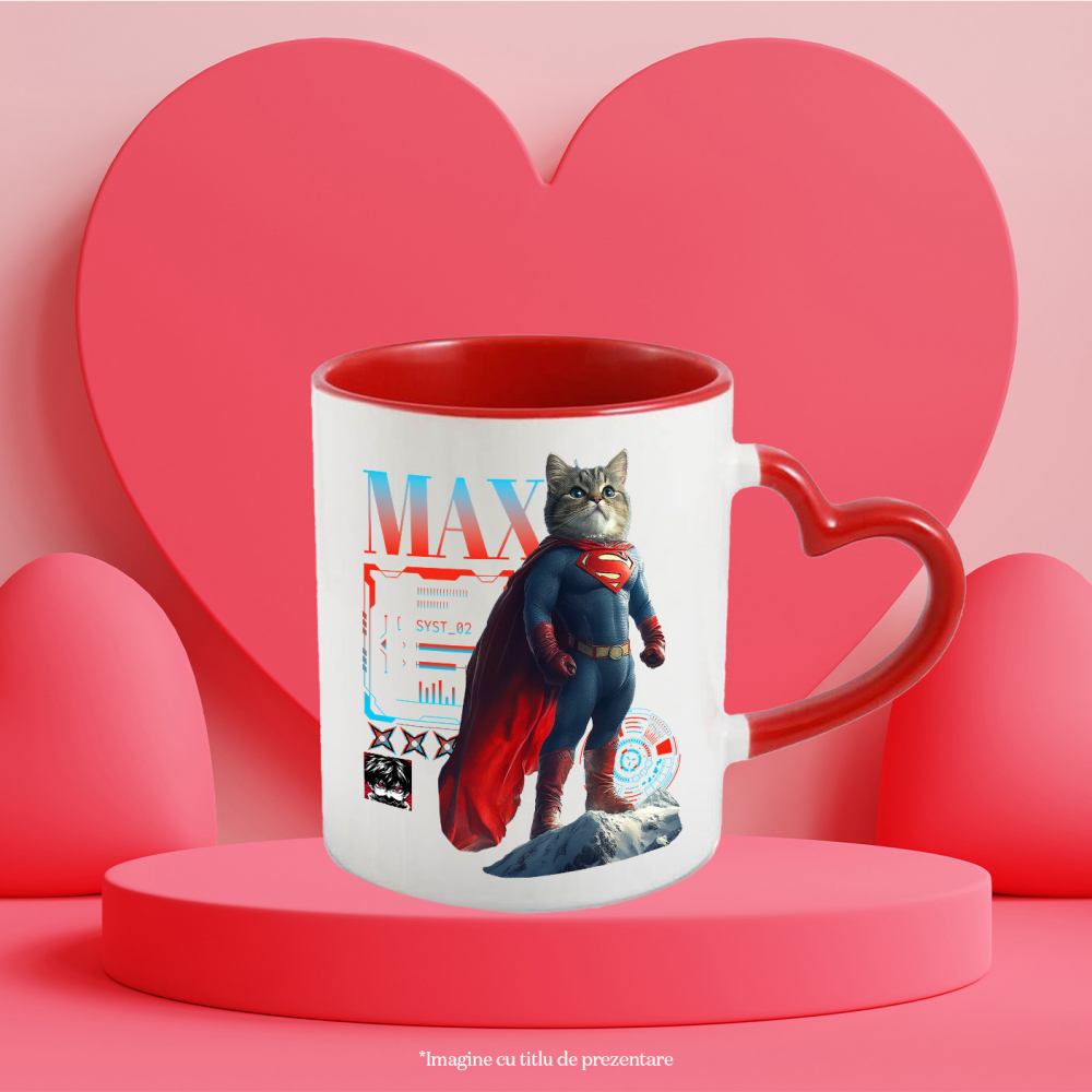 Cana cu Animal SuperMan in Varful Muntelui, Power Pose, Peronalizata cu Numele si Poza Animalului Tau cu Maner Inima Rosie [6]