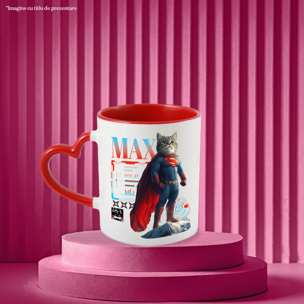Cana cu Animal SuperMan in Varful Muntelui, Power Pose, Peronalizata cu Numele si Poza Animalului Tau cu Maner Inima Rosie [4]