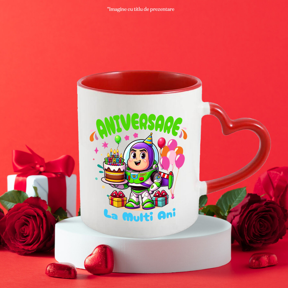 Cana Cu Aniversare Stelara cu Buzz Lightyear Ceramica, 330ML, cu Maner Inima Rosie [3]
