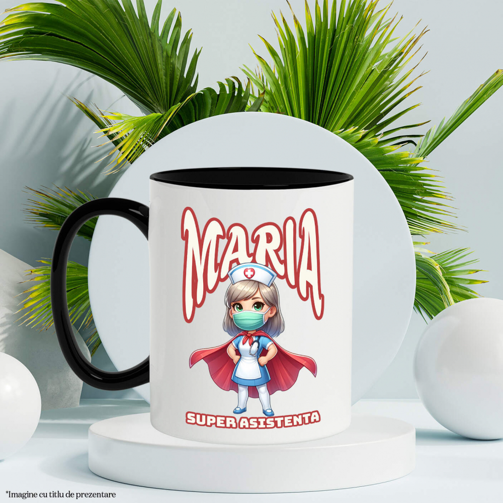 Cana cu Asistenta medicala Cu Pelerina Rosie Super Erou Masca Medicala Text Maria Super Asistenta, Ceramica, 330ML, cu Maner Negru [3]