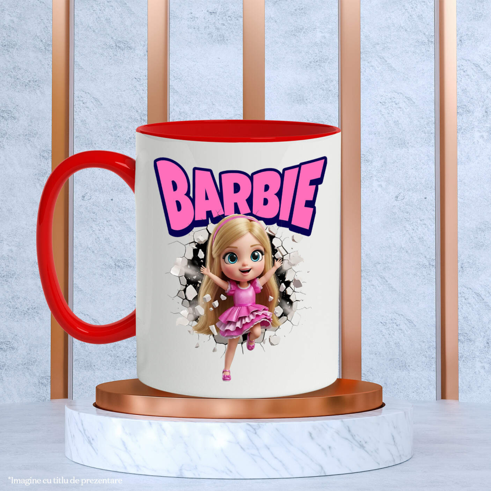 Cana Cu Barbie - Cadru de Poveste pentru Fanii Magiei Ceramica, 330ML, cu Maner Rosu [3]