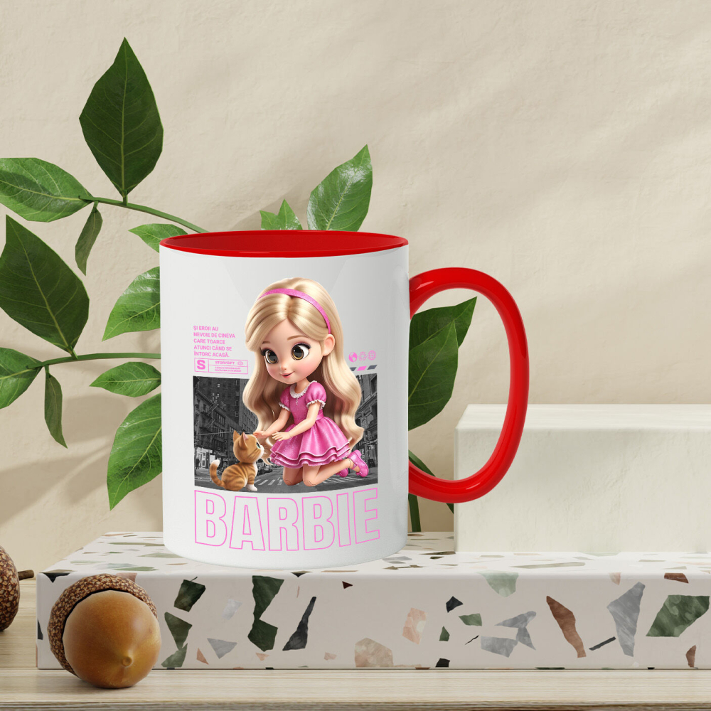 Cana Cu Barbie si Pisicuta – Echipa Fermecata Ceramica, 330ML, cu Maner Rosu [3]