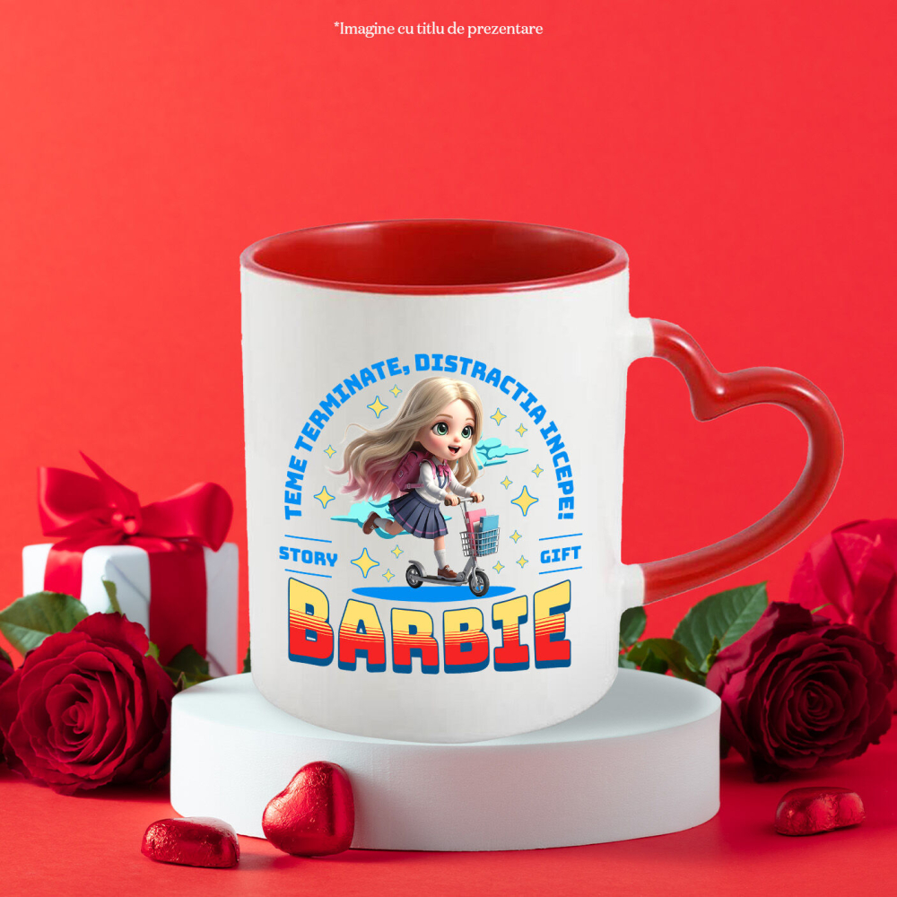 Cana Cu Barbie: Skateboard Si Zambete Ceramica, 330ML, cu Maner Inima Rosie [3]