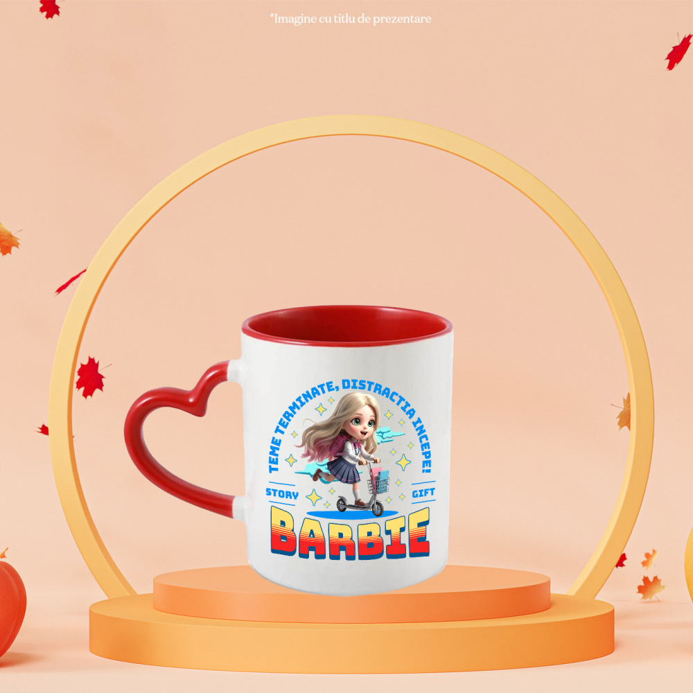 Cana Cu Barbie: Skateboard Si Zambete Ceramica, 330ML, cu Maner Inima Rosie [2]