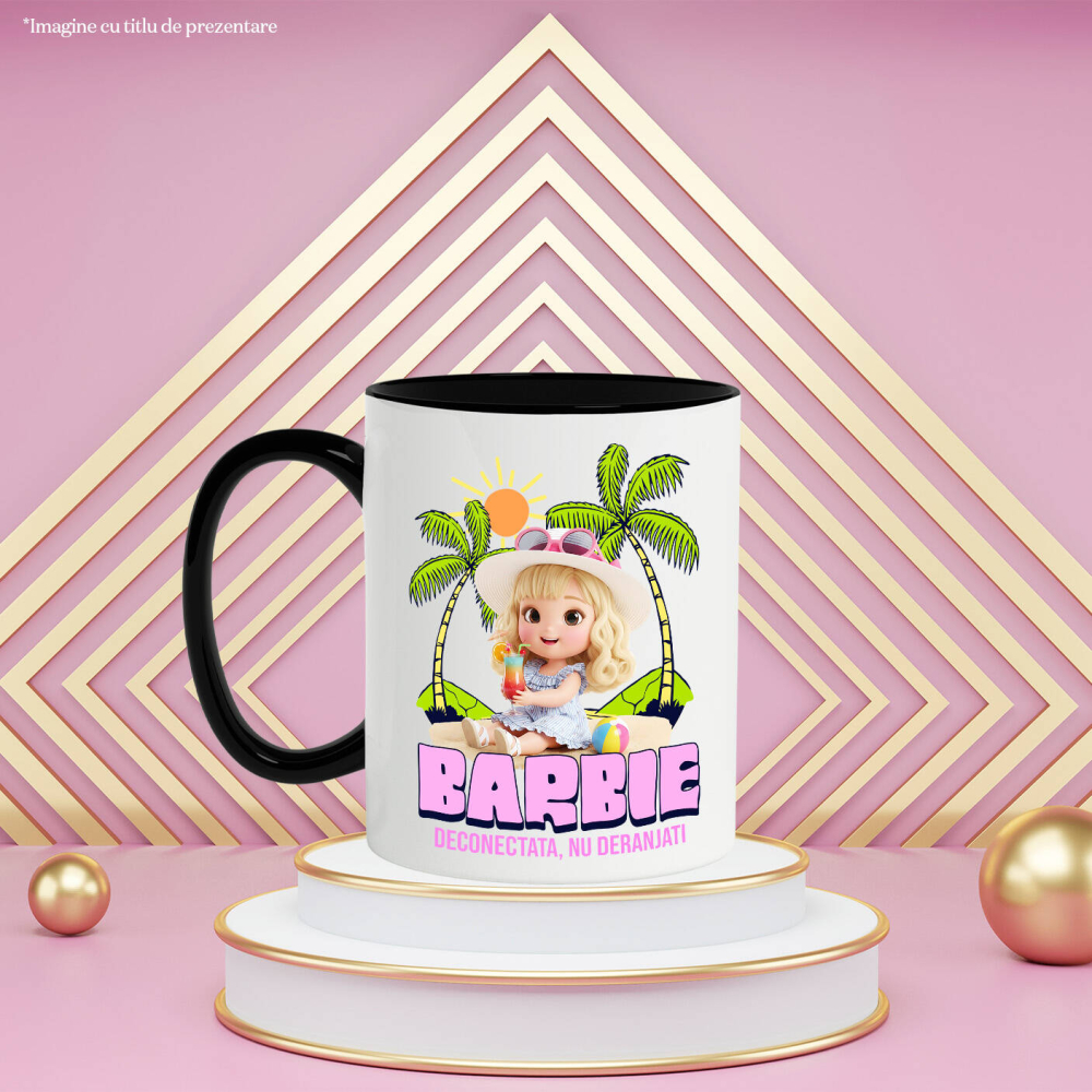 Cana Cu Barbie Sub Palmieri: Soare si Mare Ceramica, 330ML, cu Maner Negru [3]
