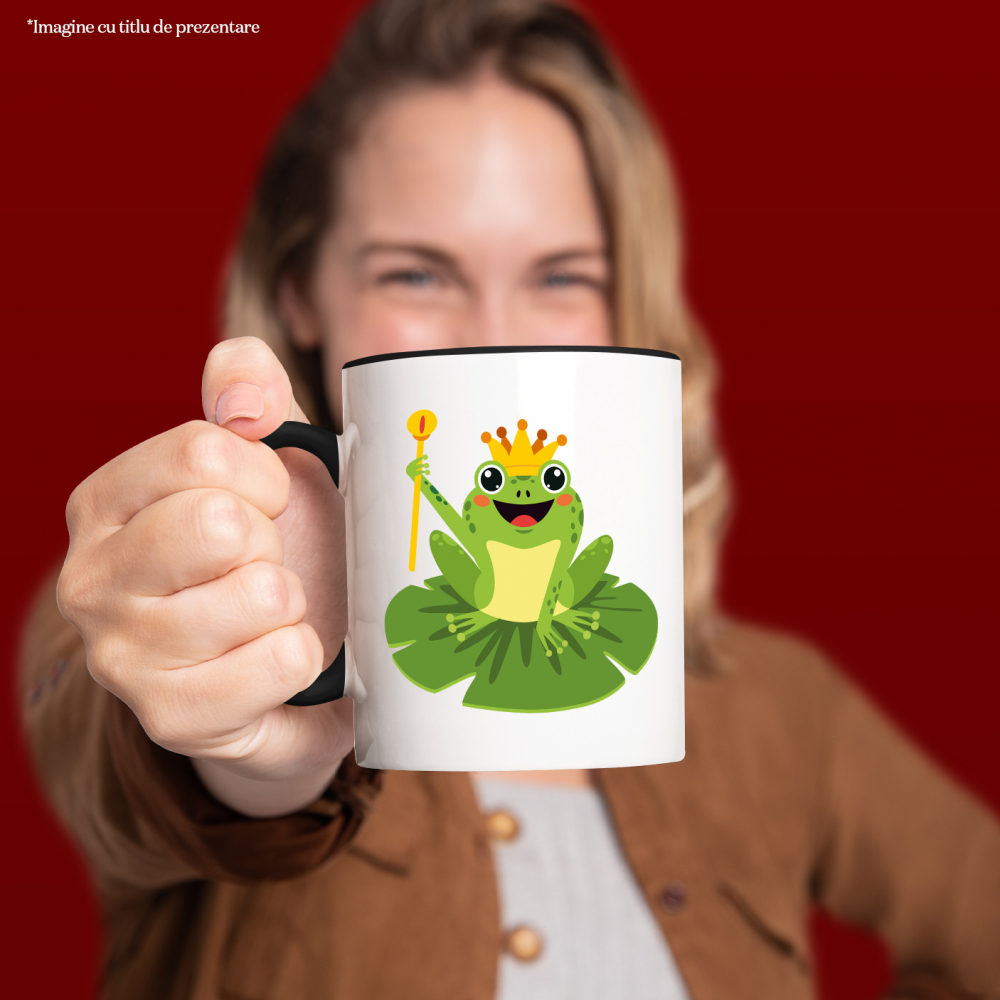 Cana Cu Broasca, Basm, Coroana, Print, Sceptru, Nufar, Multicolor 330 ml, Ceramica cu Maner Negru [3]