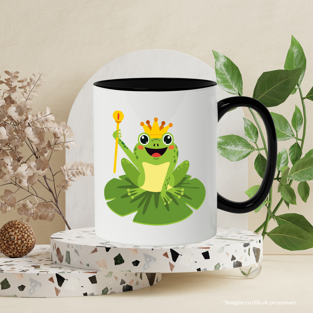 Cana Cu Broasca, Basm, Coroana, Print, Sceptru, Nufar, Multicolor 330 ml, Ceramica cu Maner Negru [2]