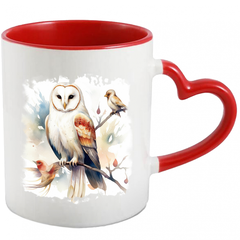 Cana Cu Bufnita, Pasari, Creanga, Frunze, Flori, Ilustratie, Multicolor 330 ml, Ceramica cu Maner Inima Rosie [1]