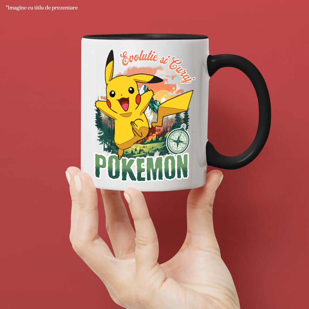 Cana Cu Busola Fericirii si Pokemon: Drumul Spre Munte Ceramica, 330ML, cu Maner Negru [2]