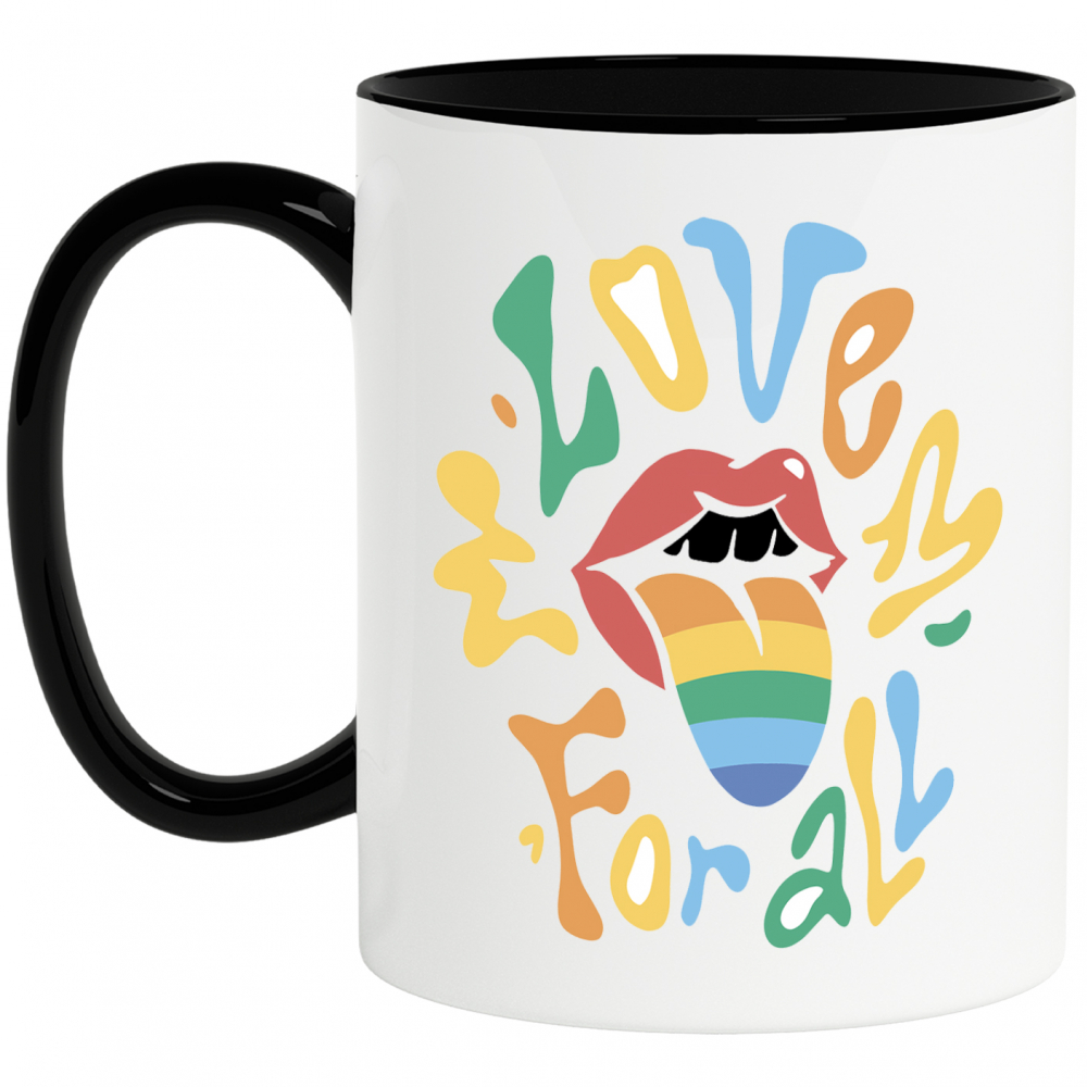 Cana Cu Buze Rosii, Gura Deschisa Limba Multicolor, Text In Engleza Love For all, Iubitorii De Diversitate, 330 ml, Maner Negru [1]