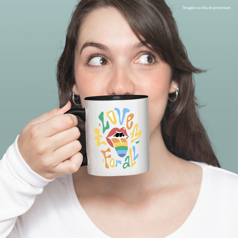 Cana Cu Buze Rosii, Gura Deschisa Limba Multicolor, Text In Engleza Love For all, Iubitorii De Diversitate, 330 ml, Maner Negru [4]
