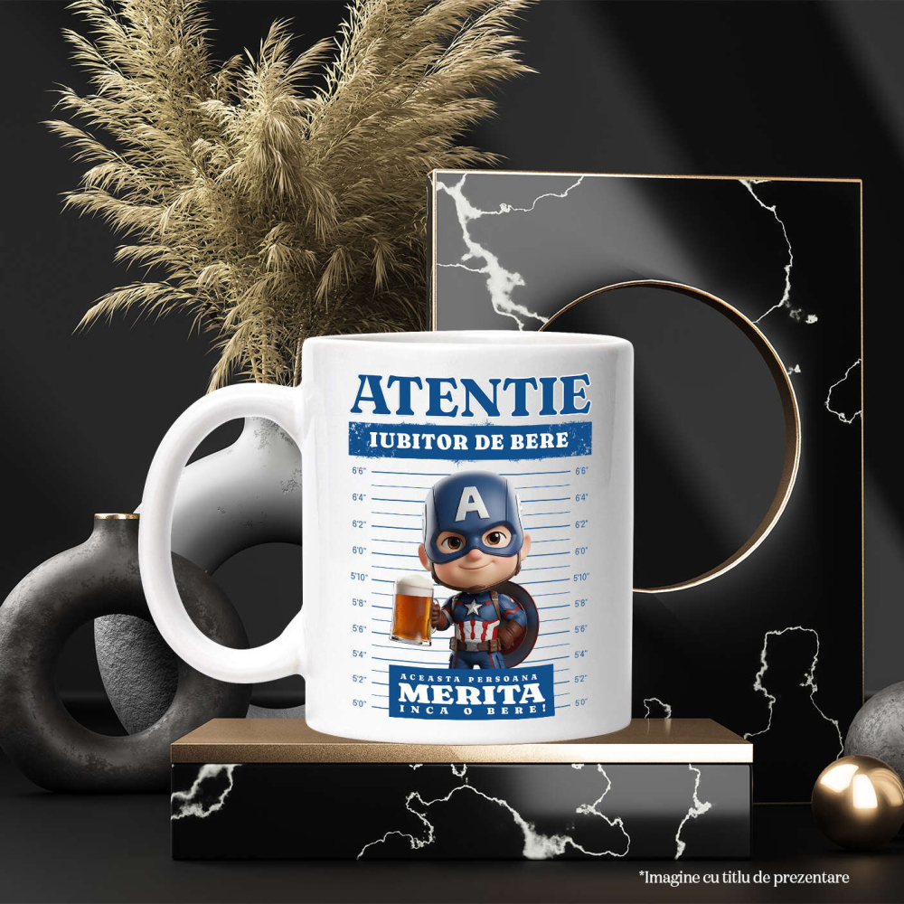 Cana Cu Cadou Captain America si Bere - Un Pachet de Neuitat Ceramica, 330ML, cu Maner Alb [3]