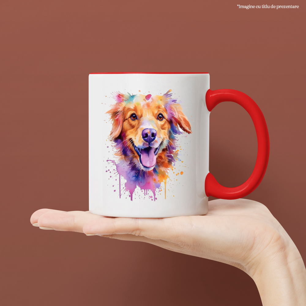 Cana Cu Caine, Zambet, Watercolor, Stropi Vopsea, Animal, Multicolor 330 ml, Ceramica cu Maner Rosu [3]