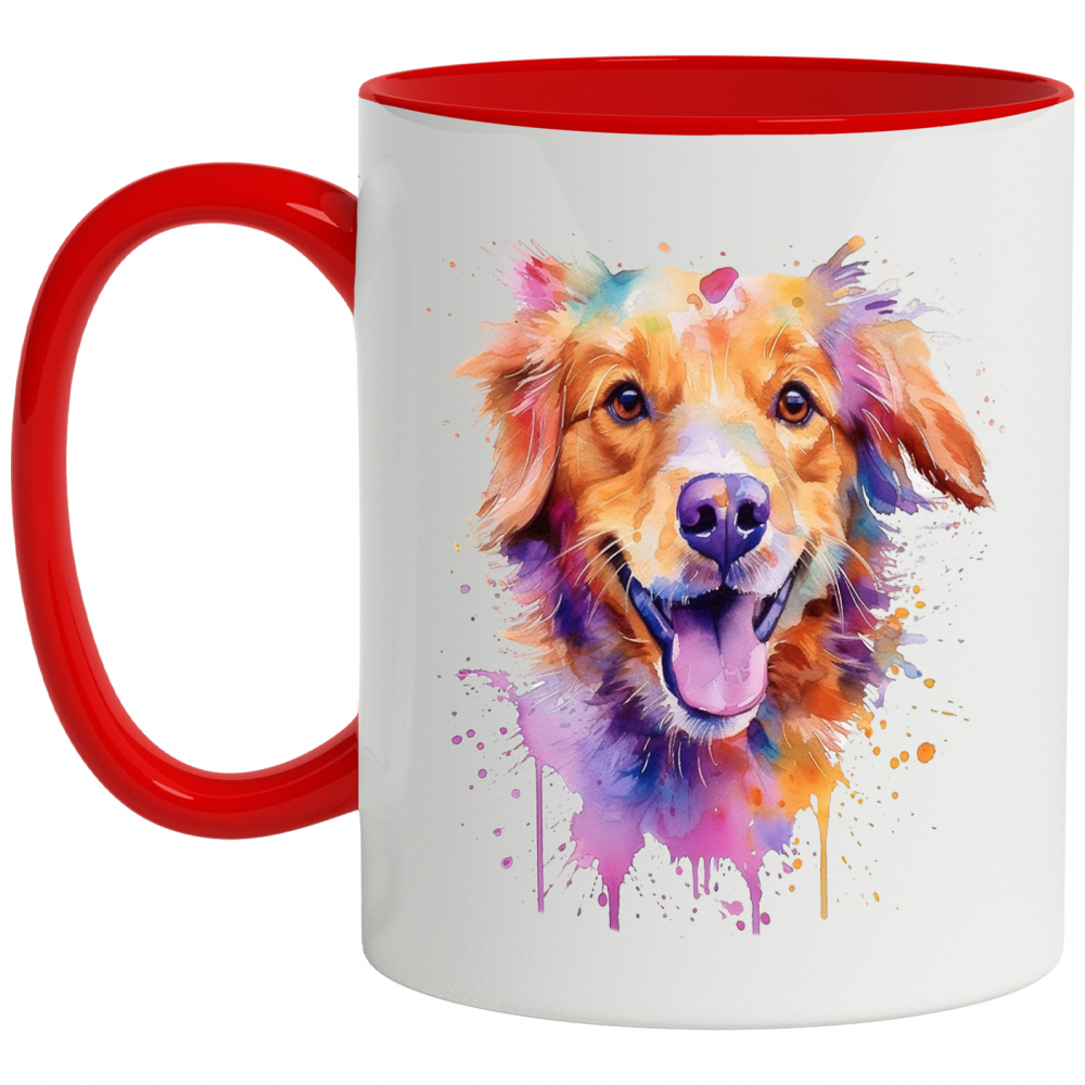 Cana Cu Caine, Zambet, Watercolor, Stropi Vopsea, Animal, Multicolor 330 ml, Ceramica cu Maner Rosu [1]